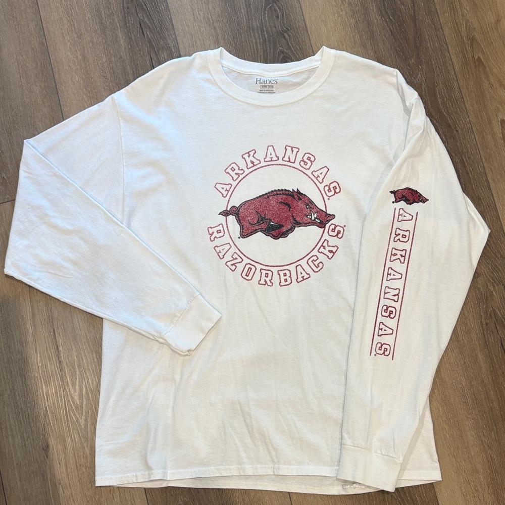 Hanes White Long Sleeve Tee with Red Arkansas Razorbacks Logo